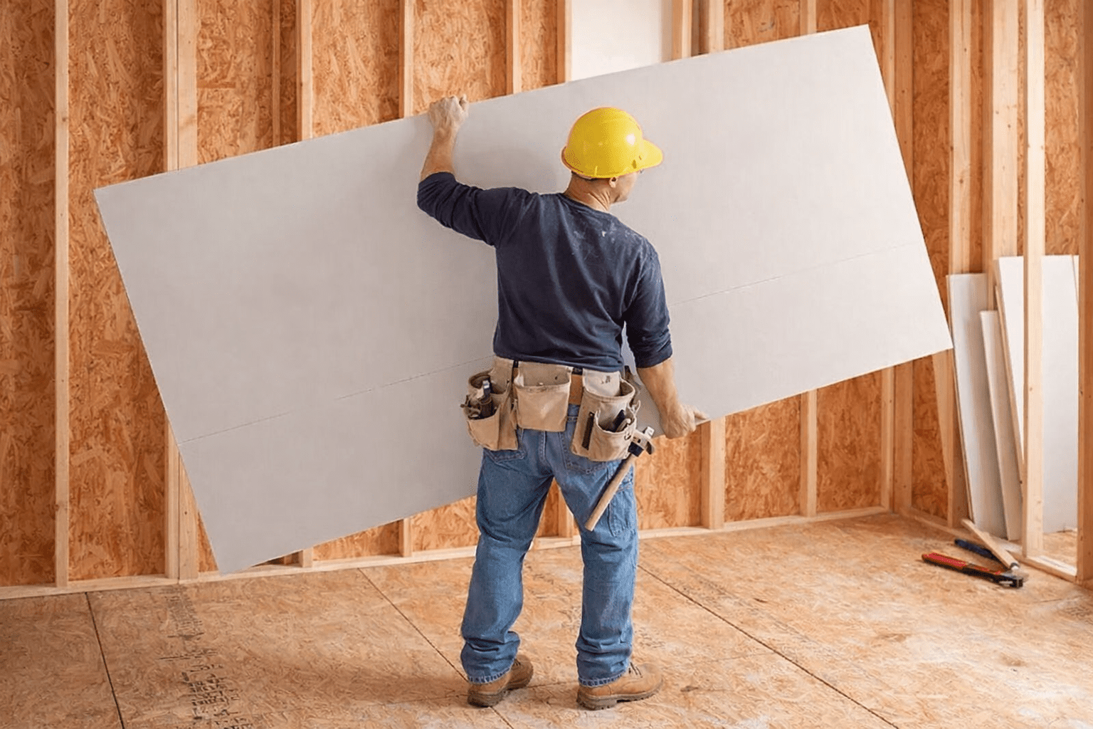 Paredes de gesso em Uberlândia com instalação profissional, mostrando trabalhador fixando placa de gesso em ambiente interno em obra residencial.